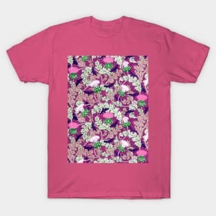 RAVENS,CICADAS AND PINK PURPLE THISTLES WITH GREEN LEAVES Art Nouveau Floral Pattern T-Shirt